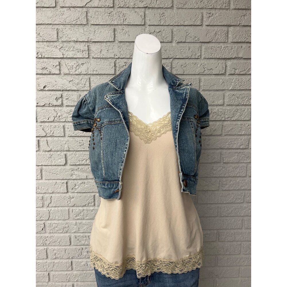 Americana Blues Women Embellished Denim Cropped Jacket Size M